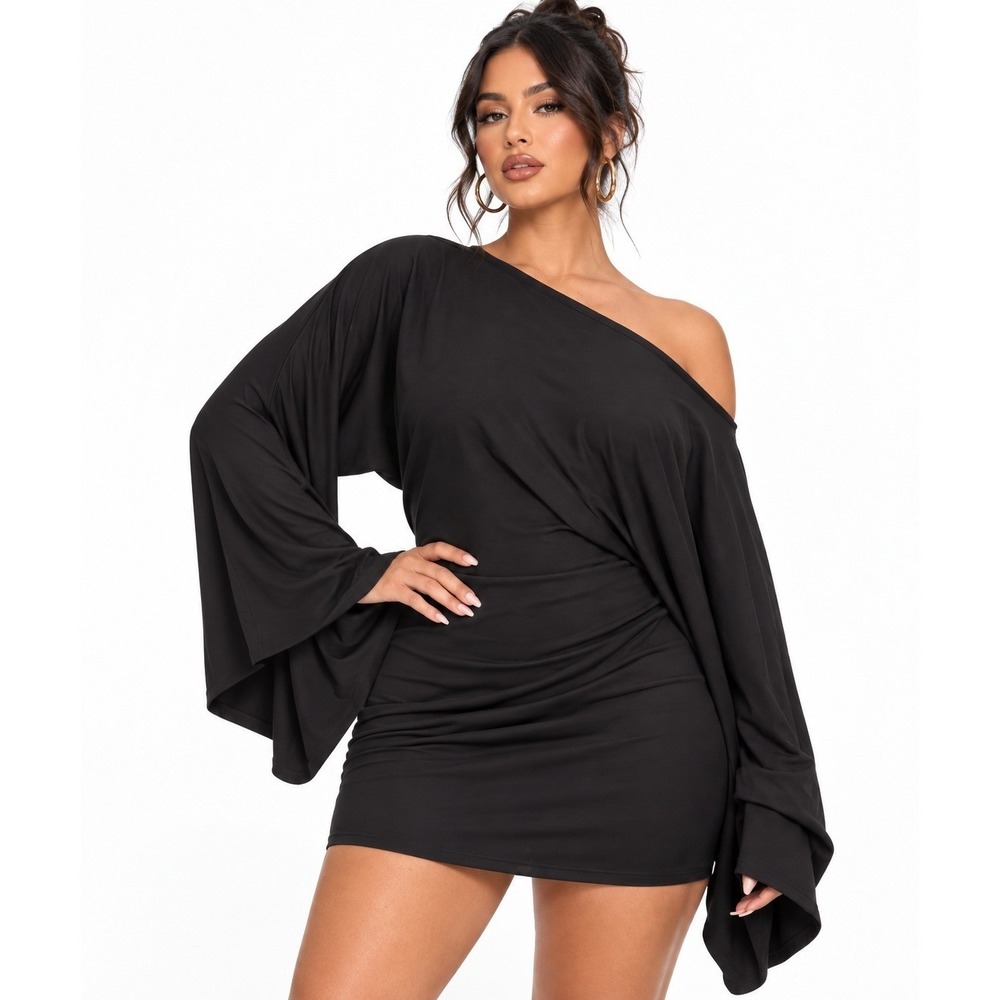 PrettyLittleThing Shape Black Soft Touch Off Shoulder Mini Dress US 8 NWT
